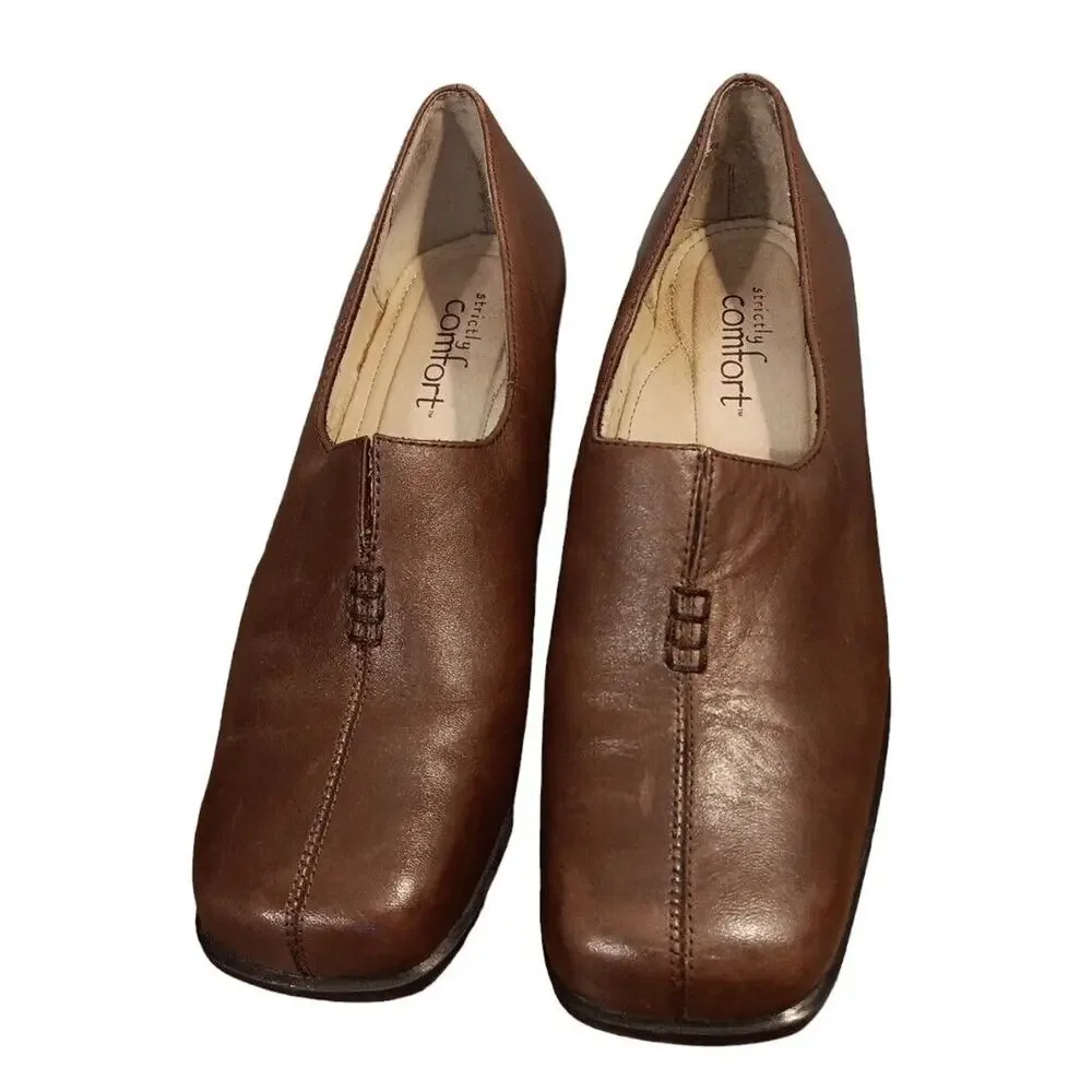 Strictly Comfort Women's 8W‎ Brown Leather Slip-On Shoe Square Toe Block Heel